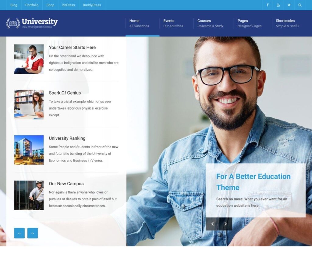 One of the starter sites for the University WordPress theme