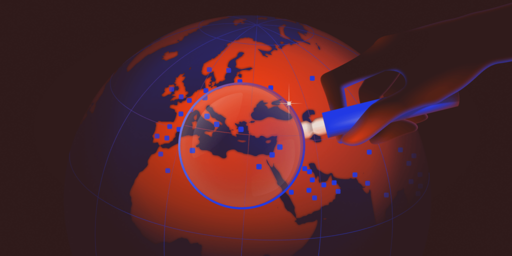 An illustration representing geolocation in WordPress using a hand that holds a magnifying glass over a map of the world.