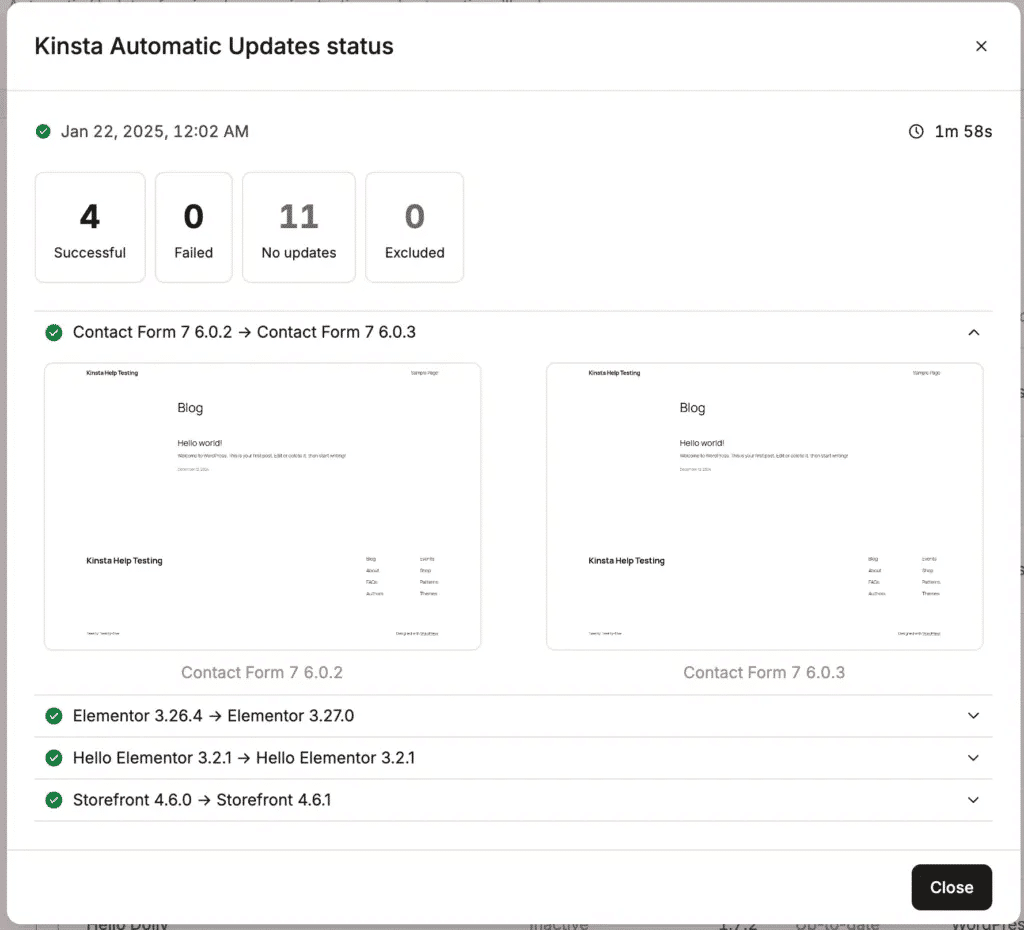 Kinsta Automatic updates status