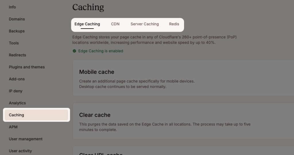 Caching options for your environment in MyKinsta.