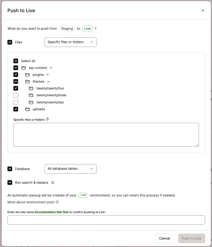 Selective push from staging to live environment.