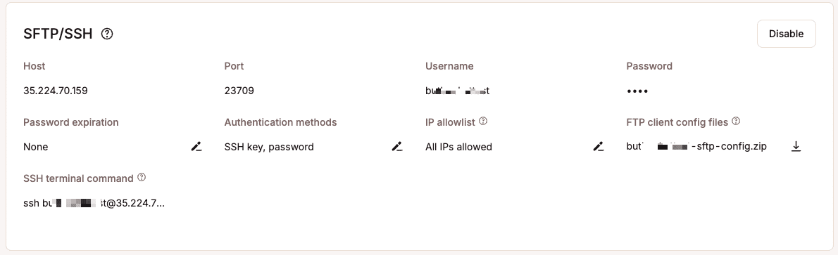 View and manage SFTP/SSH options and credentials in MyKinsta.