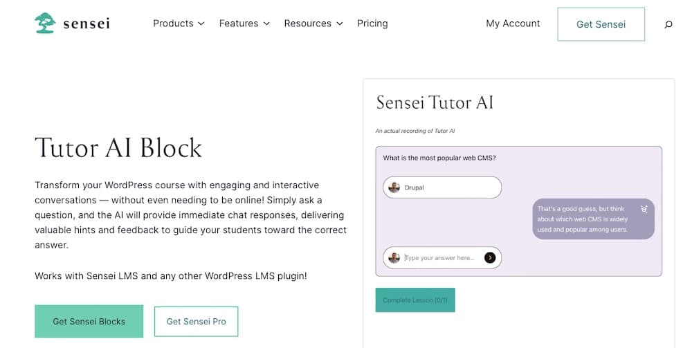 A screenshot highlighting the Tutor AI Block in Sensei LMS.