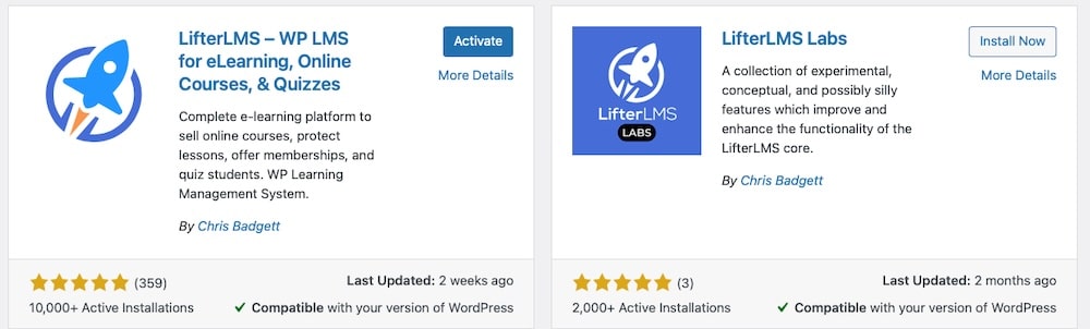 How schools can manage online assignments with WordPress 4 A screenshot of the WordPress plugin repository showing LifterLMS offerings.