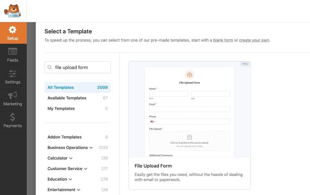 How schools can manage online assignments with WordPress 12 A screenshot of the dialog for creating a file-upload form within the WPForms WordPress plugin.