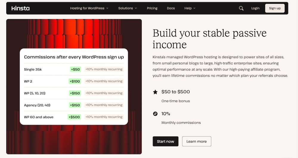 Kinsta affiliate program page for recurring revenue for agencies