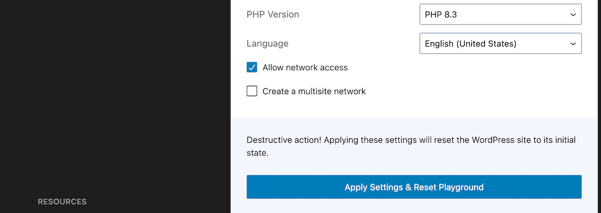 WordPress Playground settings checked for allowing network access