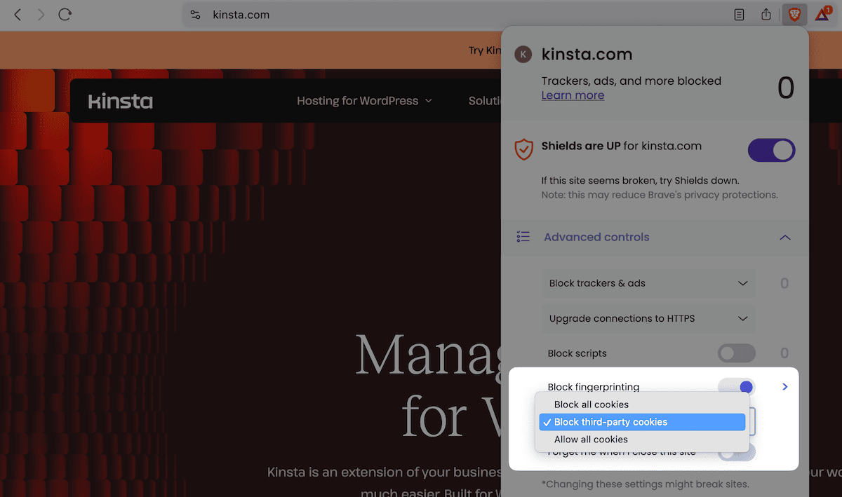 The Kinsta website home page with a Brave privacy popup overlay. The popup shows cookie management options among other privacy settings.