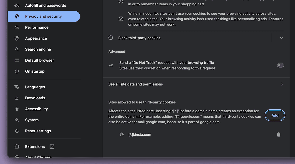 Chrome’s Privacy and Security settings page showing cookie controls and site exceptions.