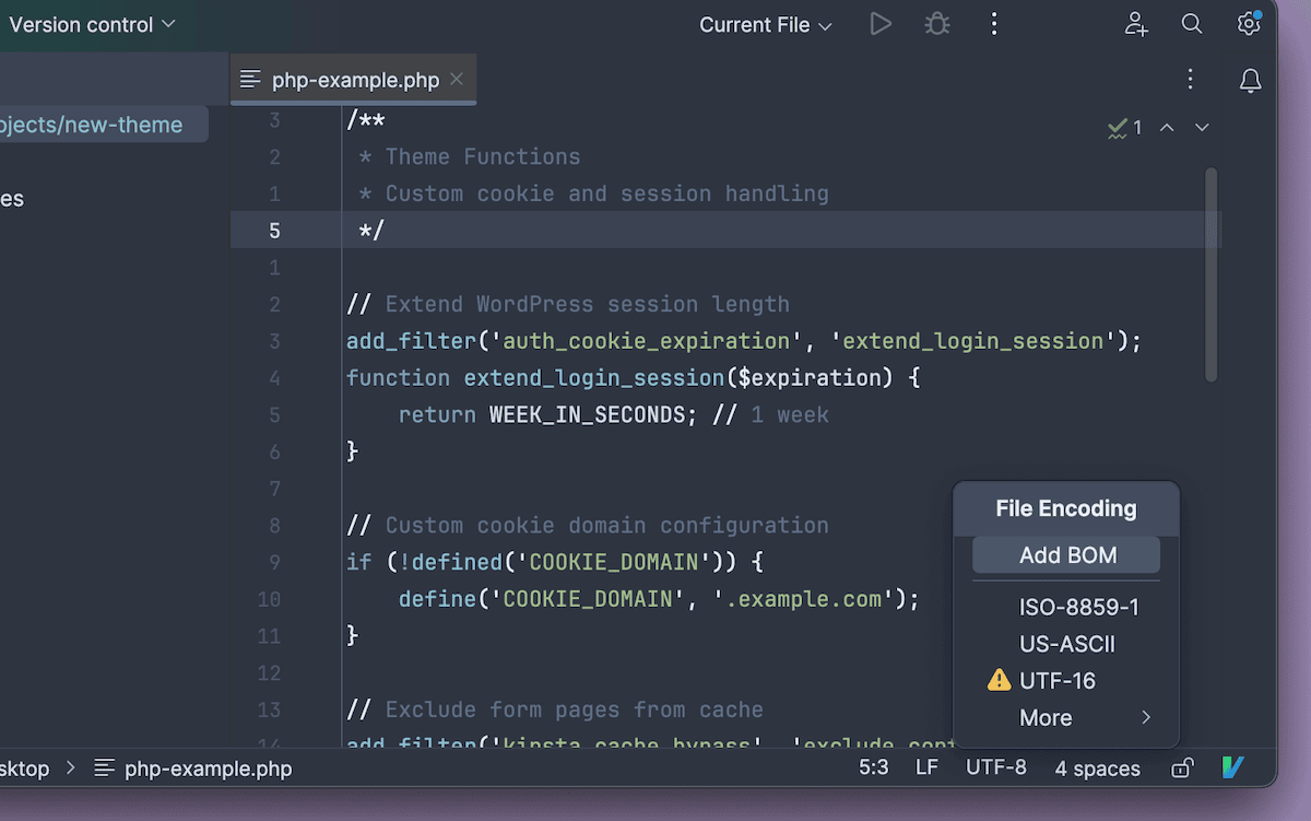 A code editor displaying WordPress cookie-related PHP code, with UTF-8 encoding visible in a drop-down menu.