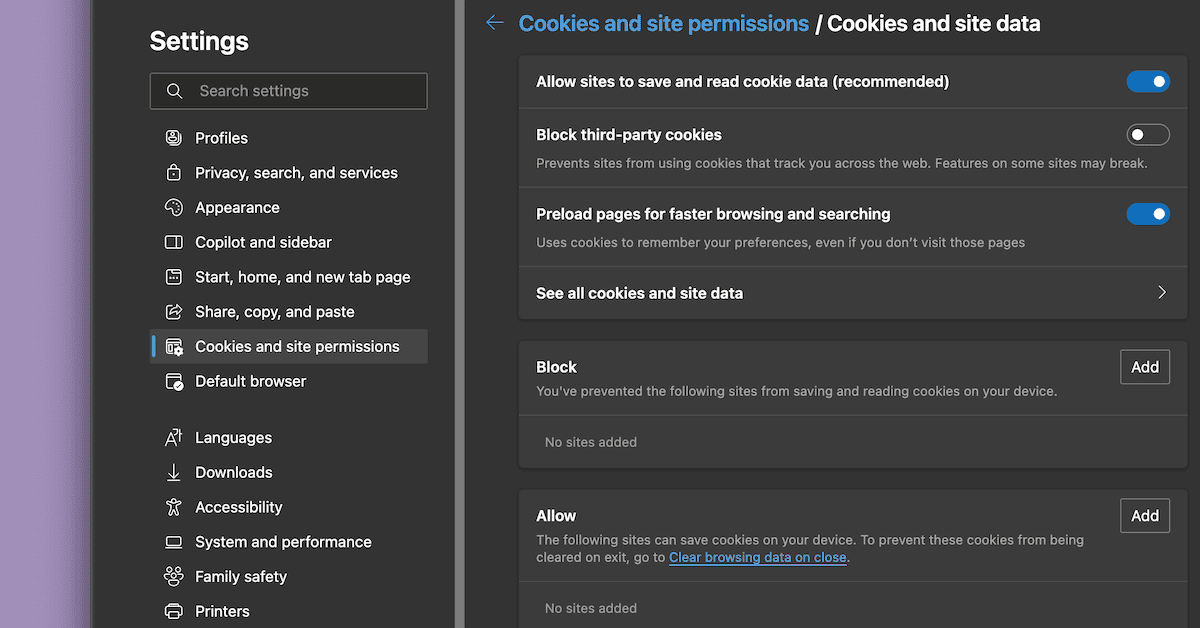 Edge’s detailed cookie settings interface with toggles and explanations.