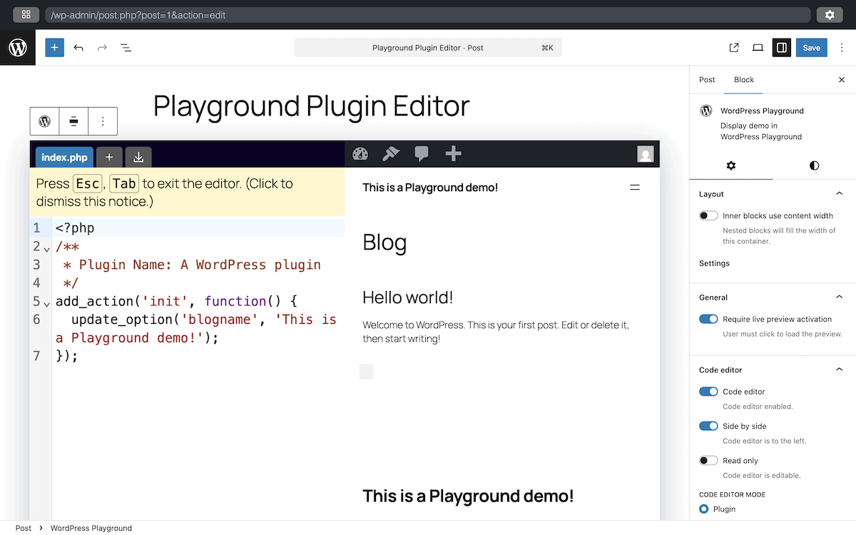 An embedded interactive Block within a WordPress Playground instance