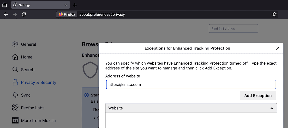 Firefox dialog box for managing Enhanced Tracking Protection exceptions.