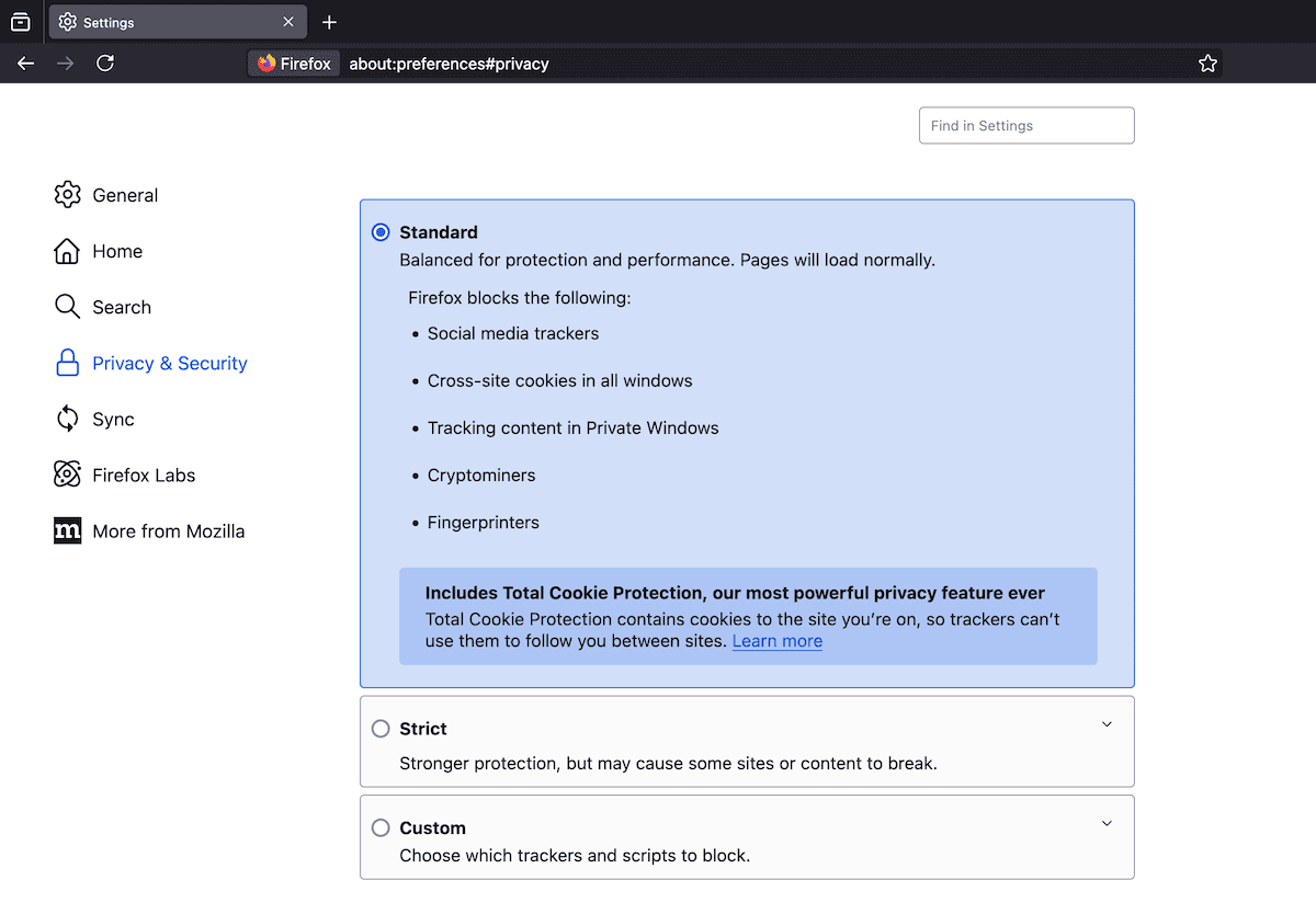 Firefox’s Enhanced Tracking Protection showing Standard level and blocked elements.