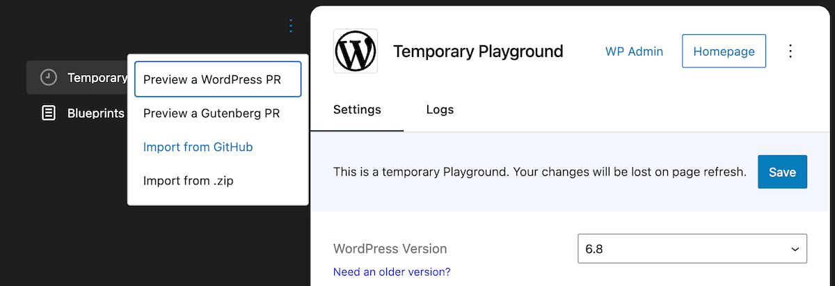 The WordPress Playground’s menu with options to preview a WordPress pull request, a 'Gutenberg' pull request, import from GitHub, or import from .zip file