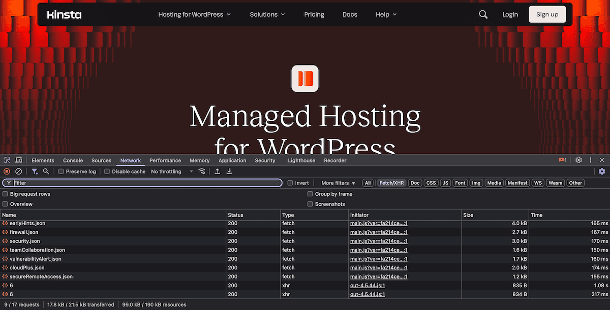 The Kinsta website with browser developer tools open at the bottom. The Network tab shows multiple resource requests including JavaScript files, with details such as file sizes, load times, and HTTP status codes.