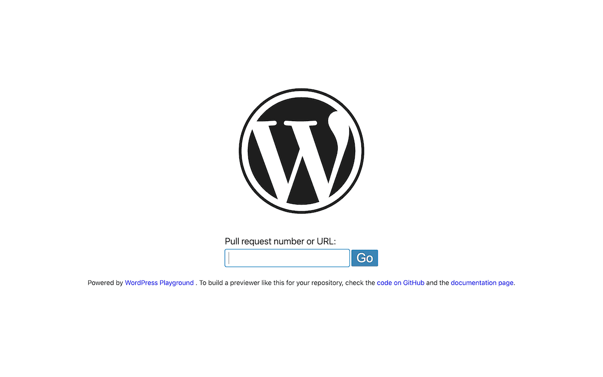 A WordPress pull request preview interface shows the WordPress Playground with links to GitHub code and documentation from an insertable link