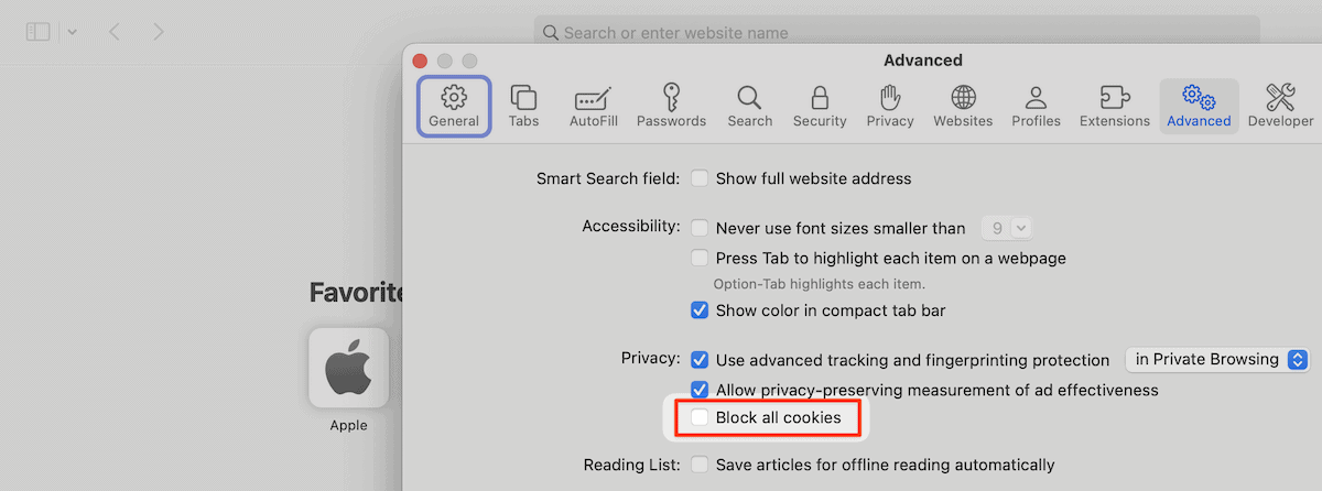 Safari’s Advanced preferences with privacy and cookie controls.