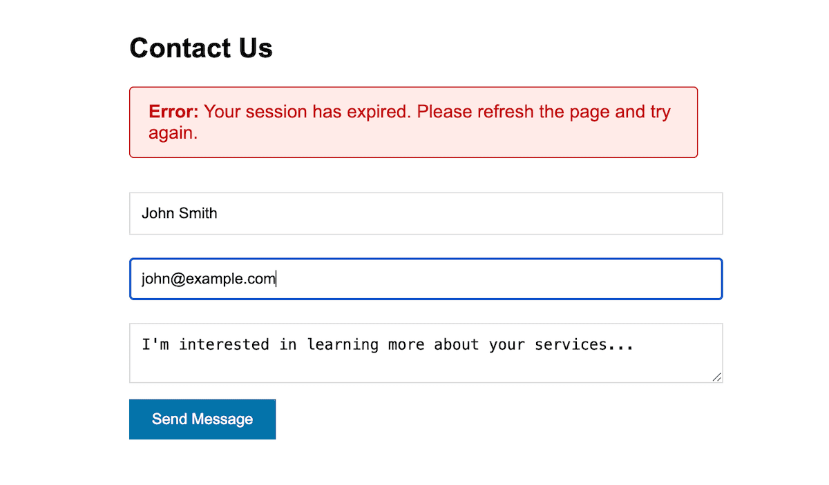 A contact form showing a session expiration error. The form contains a red error message stating Your session has expired. Please refresh the page and try again at the top, followed by input fields for name, email, and a message textarea with placeholder text about services. A blue