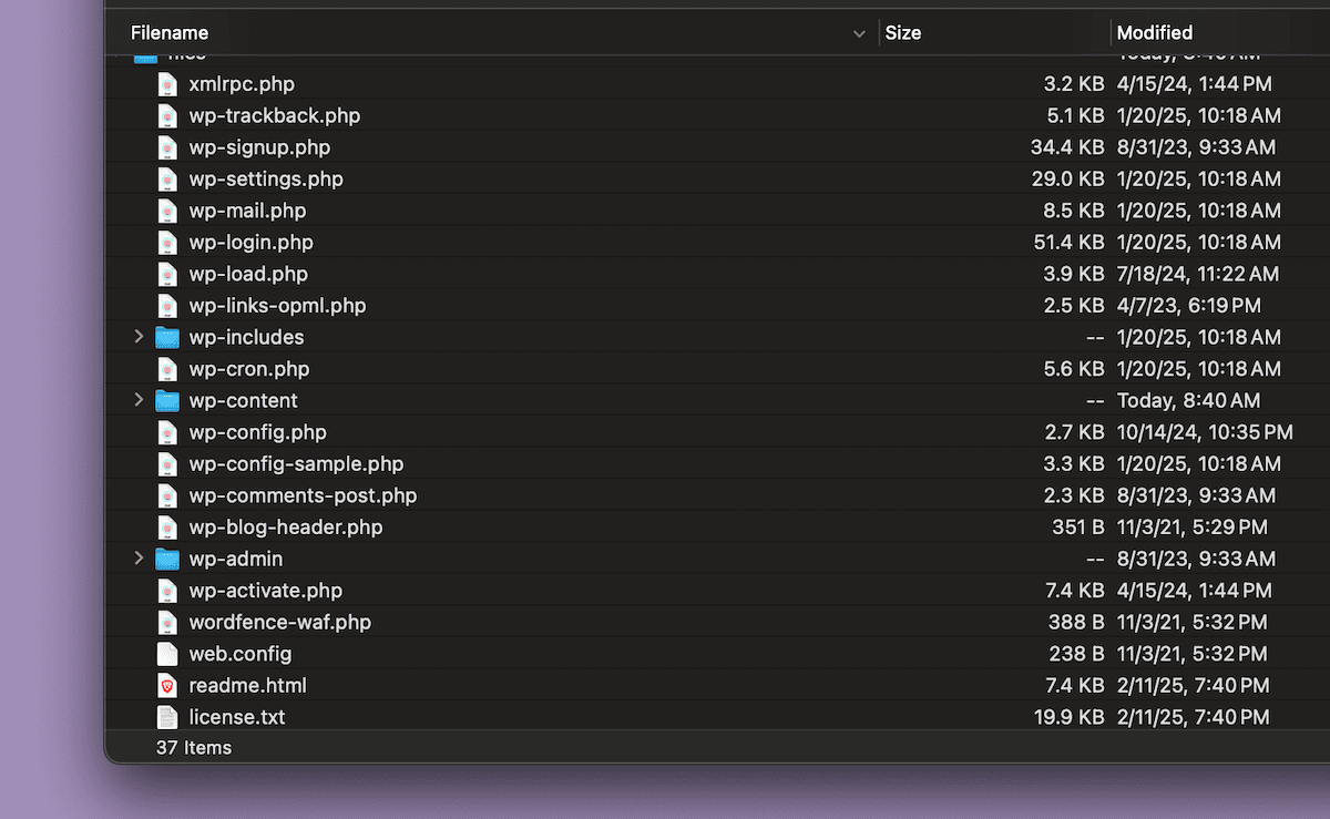 A CyberDuck window displaying WordPress core files and directories. The listing shows various PHP files and folders along with file sizes and modification dates.
