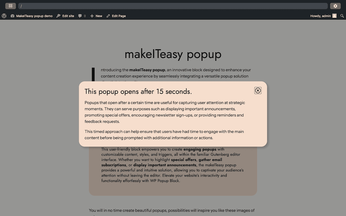 A WordPress Playground demo showing a pop-up implementation from the Blueprint Library
