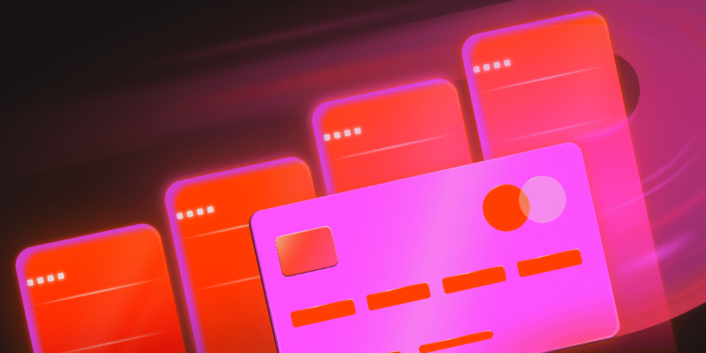 An illustration showing a credit card and a number of mobile devices, representing the concept of agencies charging for web hosting.
