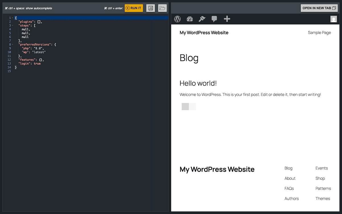A split-screen view in WordPress Playground showing code editing on the left and a live preview on the right