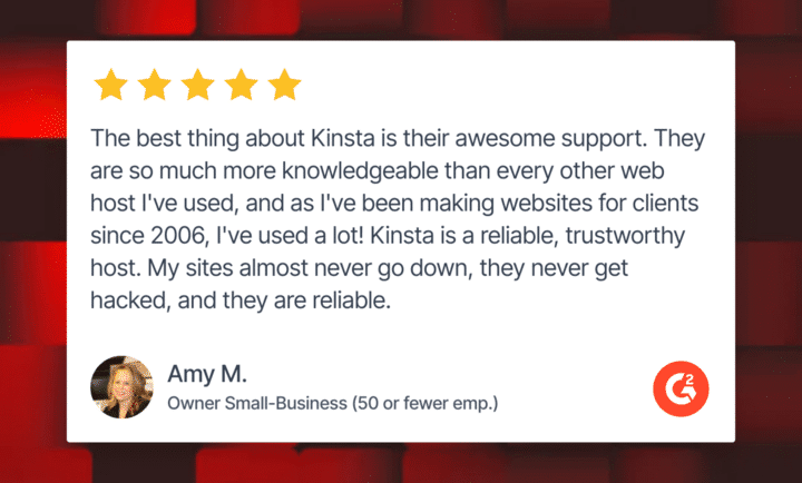Customer review from Amy M displayed in a testimonial card.