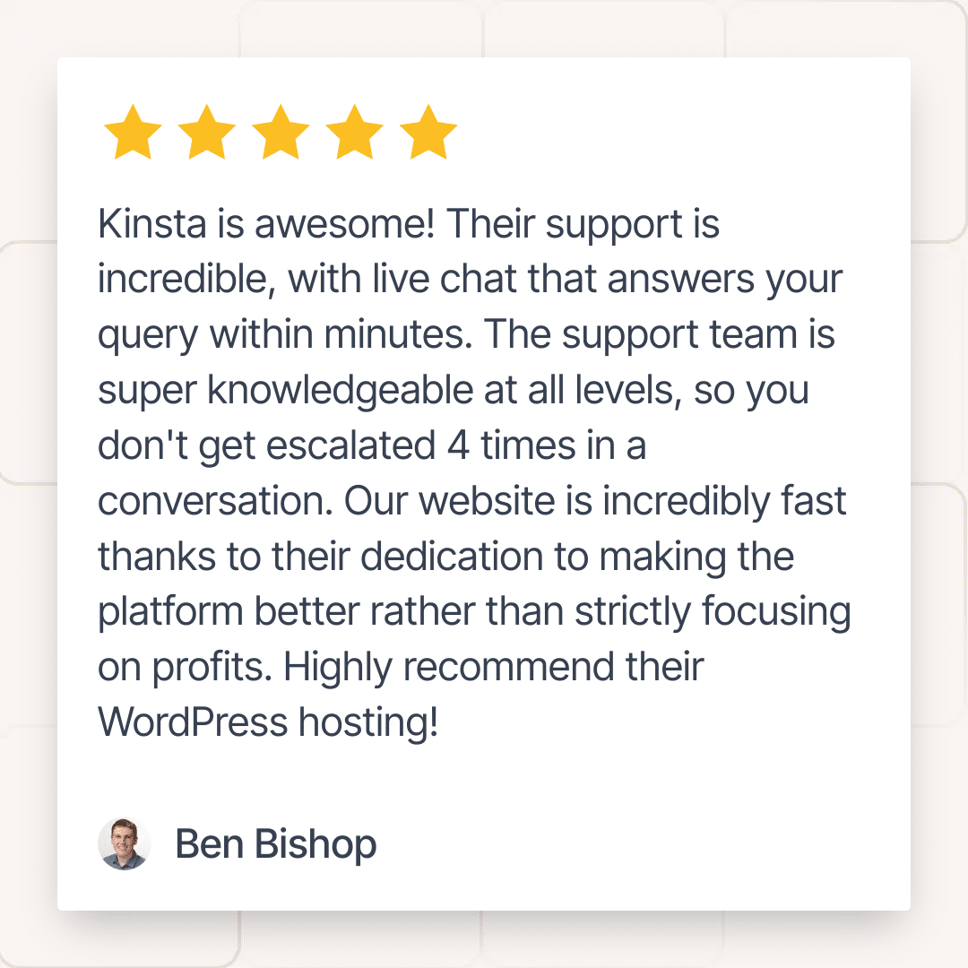 Customer testimonial from Ben displayed in a branded review card.