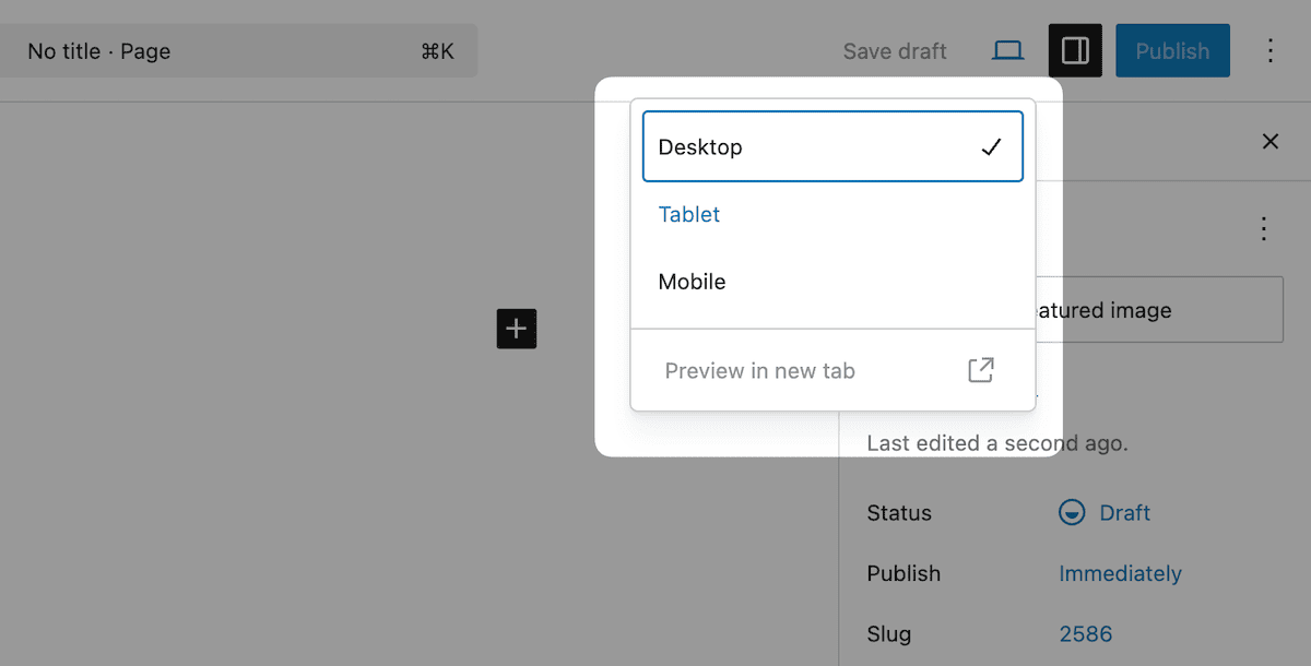 The WordPress Block Editor interface within a blank Page layout showing its drop-down menu for choosing a viewport: Desktop, Tablet, or Mobile.