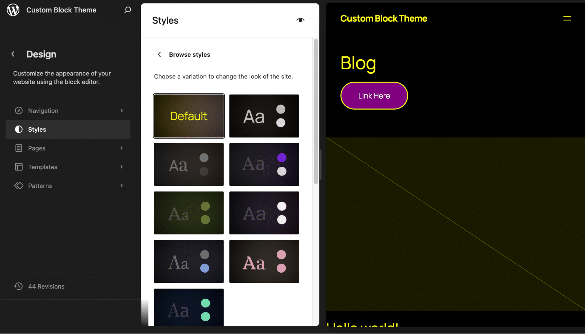 Child theme using the default style variation in the Site Editor.