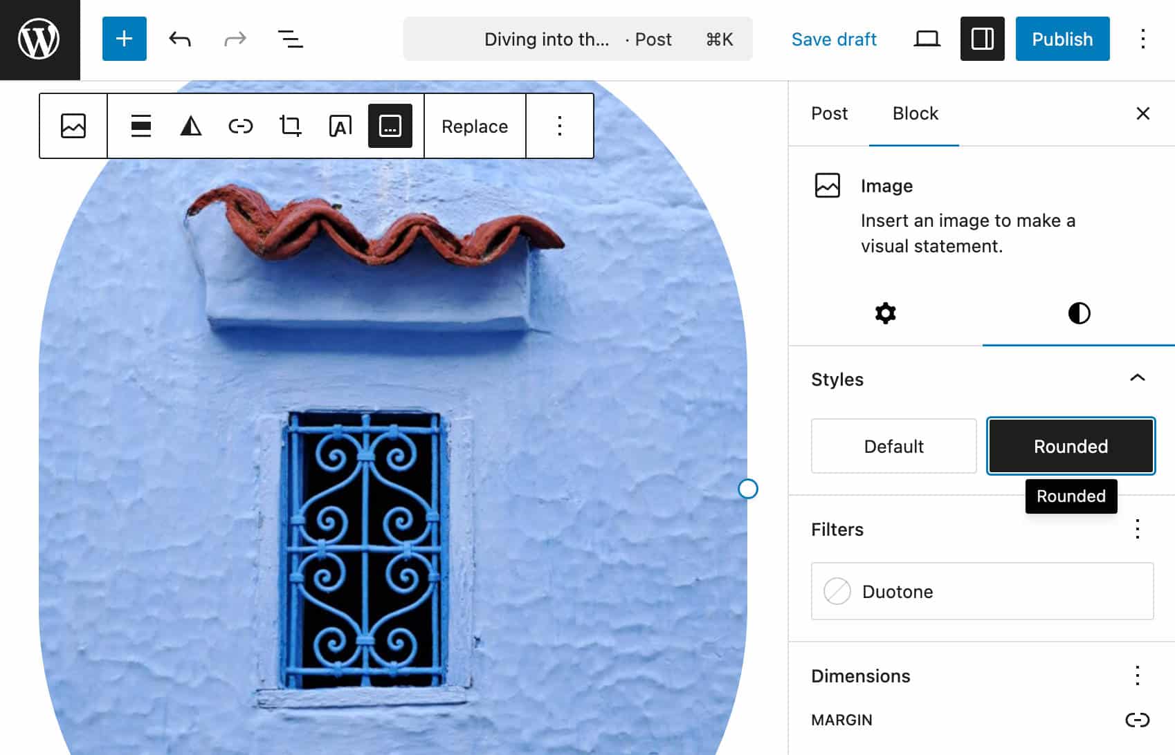 A screenshot of the WordPress post editor showing an image and the block sidebar