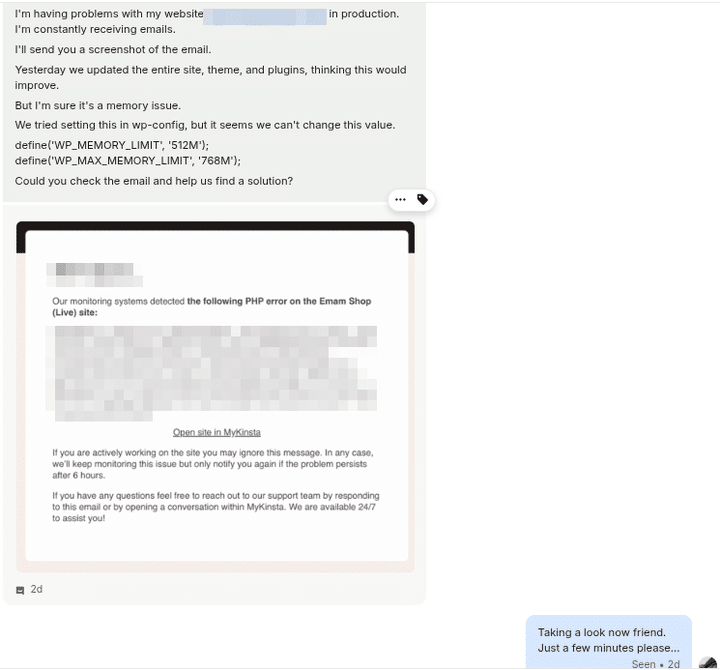 Kinsta live chat window showing real-time support conversation with a customer.