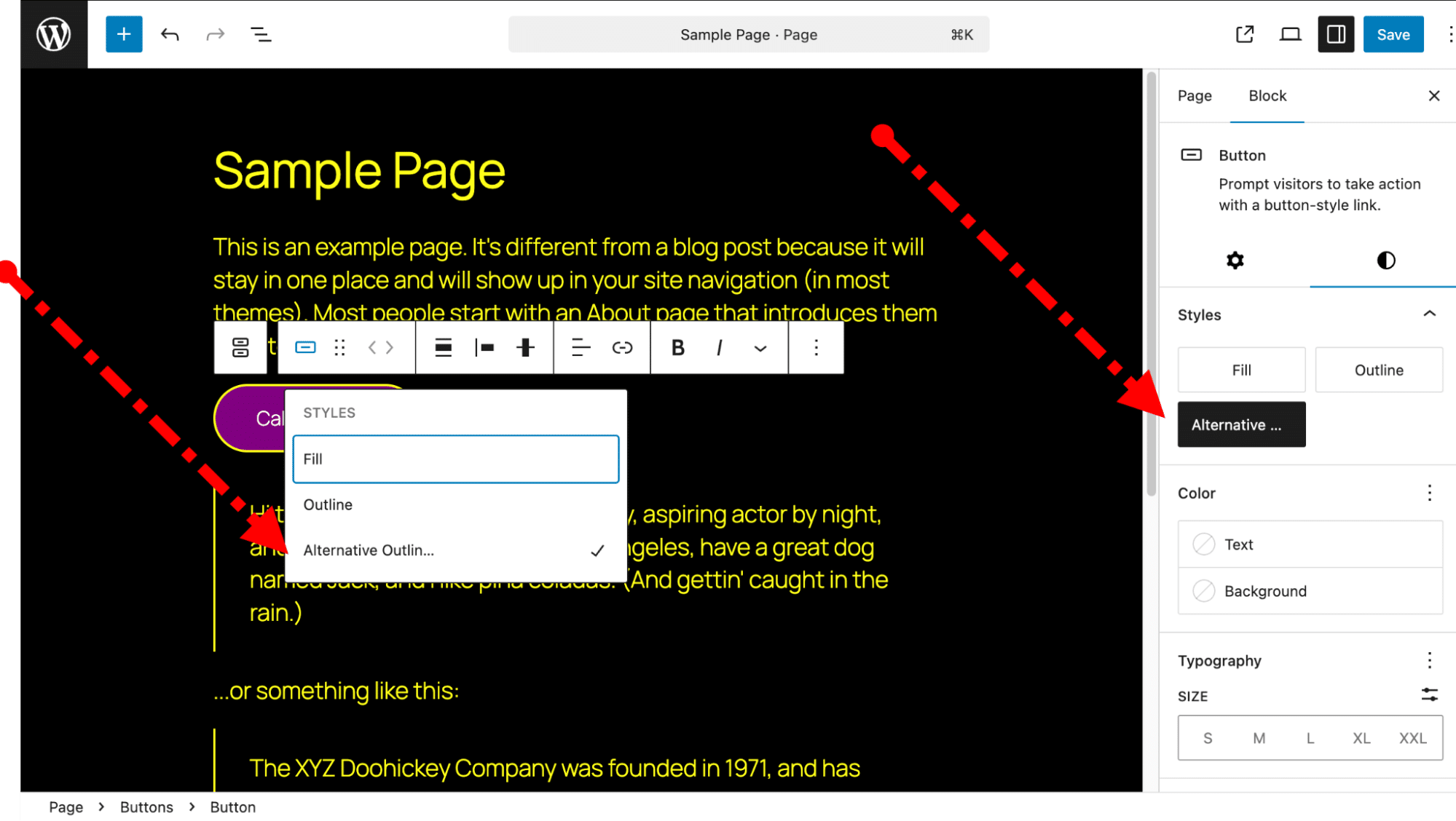 New Alternative Outline button block style visible in the toolbar and sidebar.