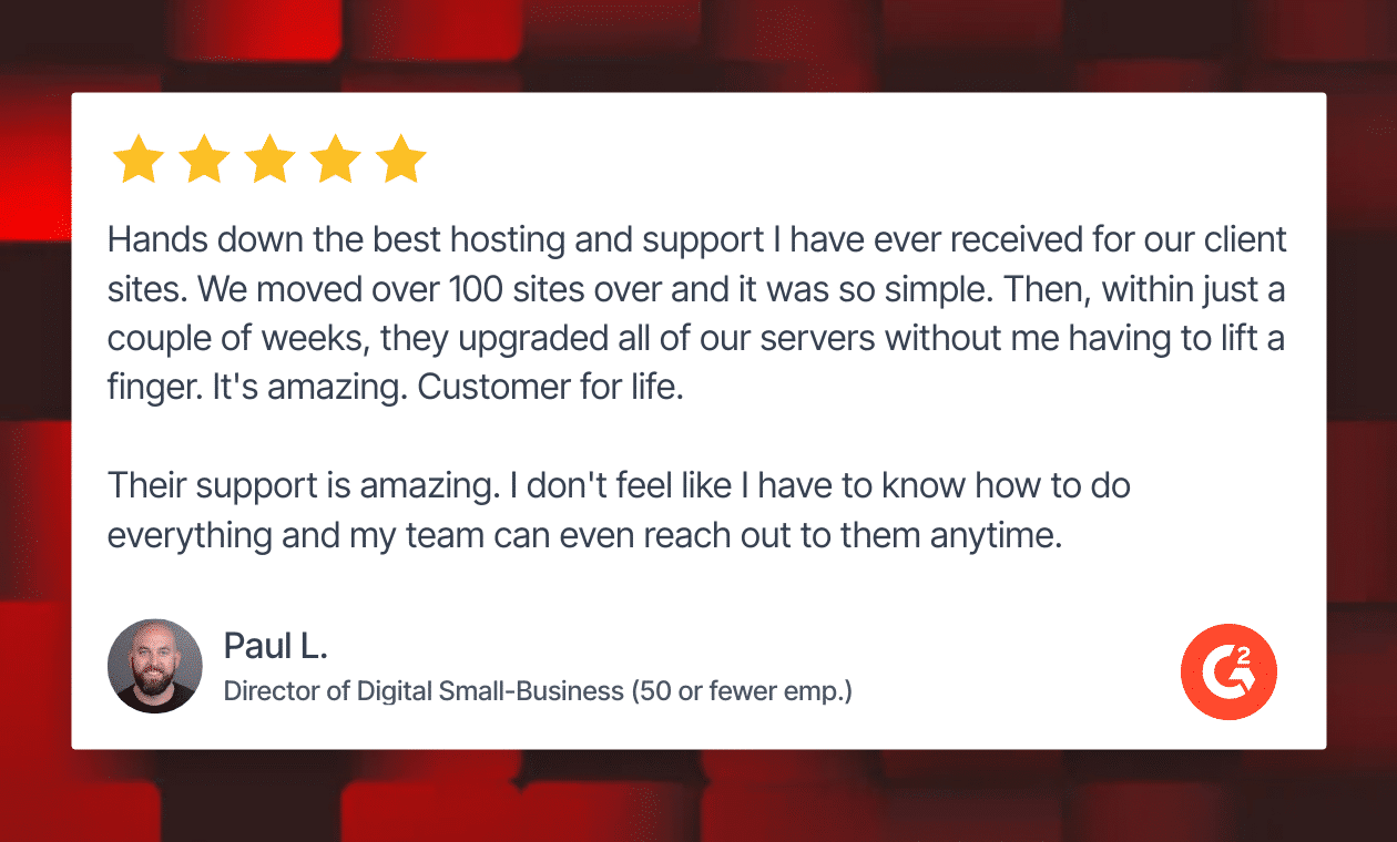 Customer review from Paul L displayed in a testimonial card.