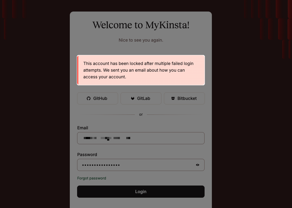 Account lockout notification displayed in the MyKinsta interface.