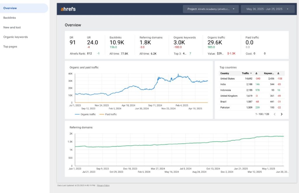 An example of the Ahrefs SEO report dashboard
