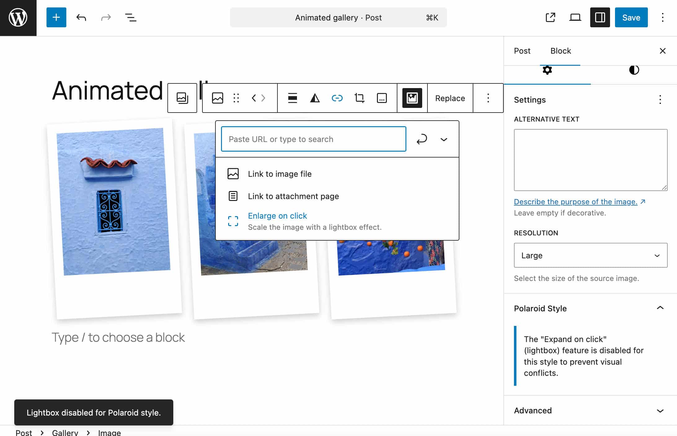 The Enlarge on click option is disabled