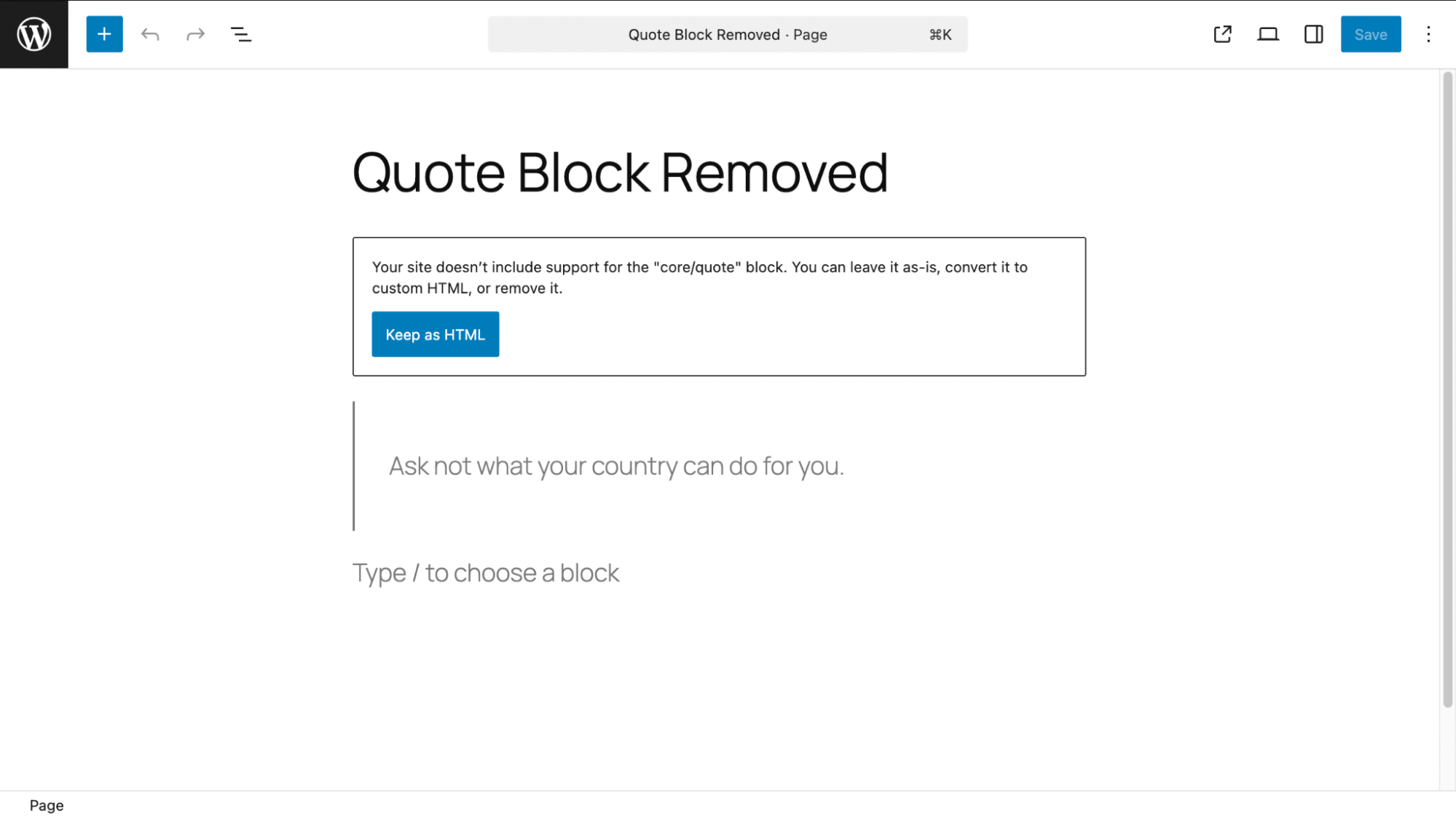 Page editor view after the Quote block has been removed.