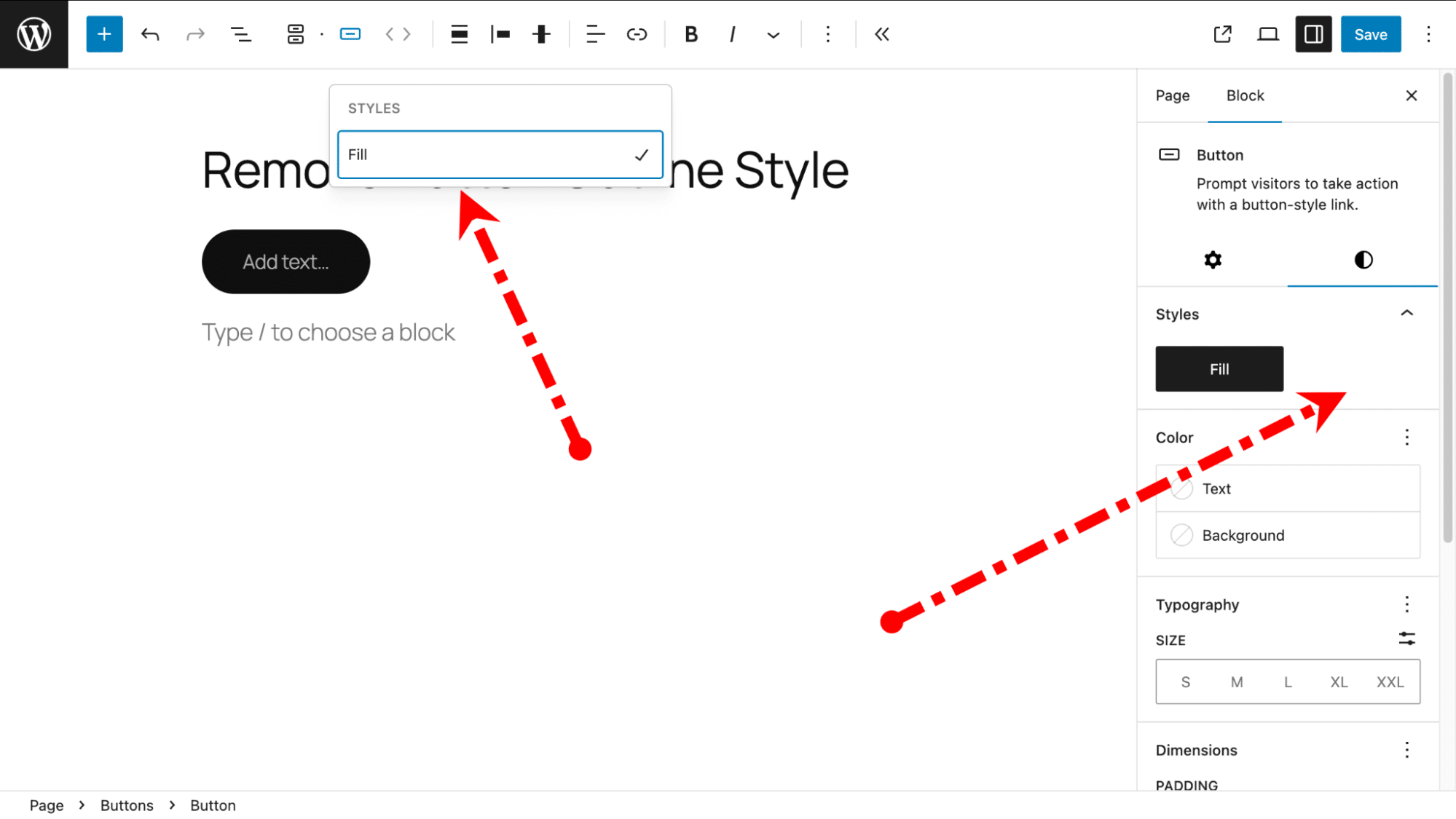 Removed Button block outline style no longer visible in the toolbar and sidebar.