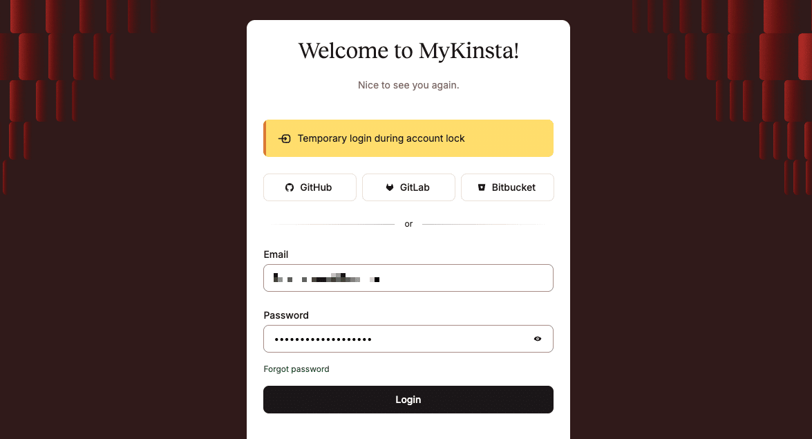 Temporary login page for accessing a locked MyKinsta account.