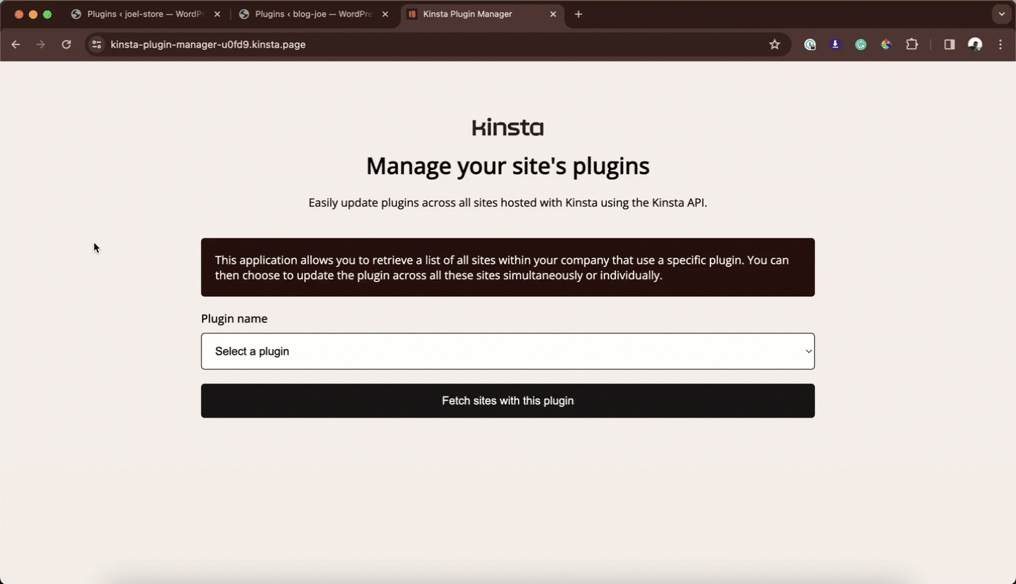 Mini web app built to automate WordPress plugin updates using the Kinsta API.