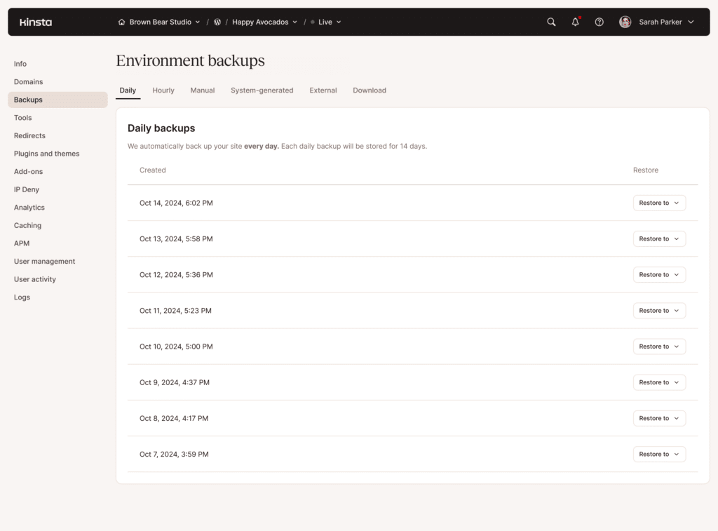 Web hosting environments backups configuration panel
