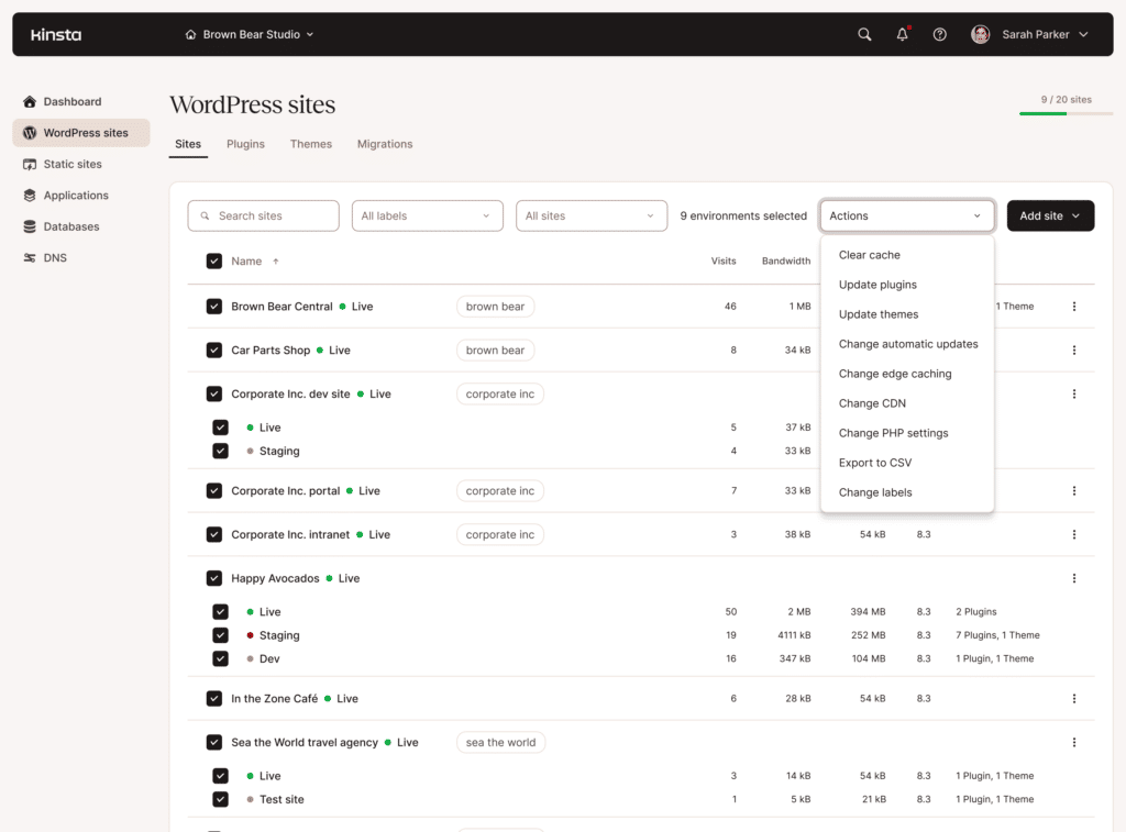 WordPress web-sites administration bulk actions