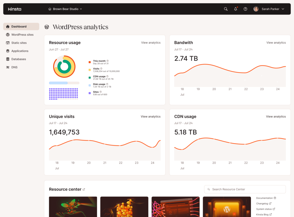 Web server analytics dashboard with charts and graphs