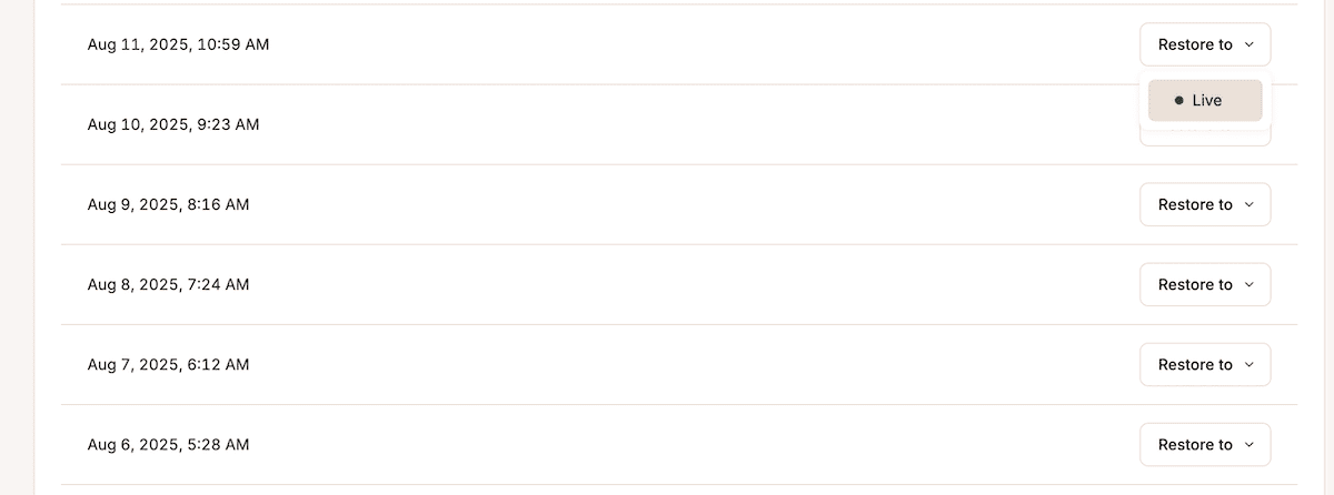 The MyKinsta backup management interface showing available restore points with timestamps and one-click restore buttons for each backup.