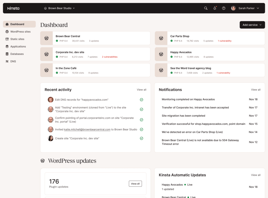 Server administration dashboard