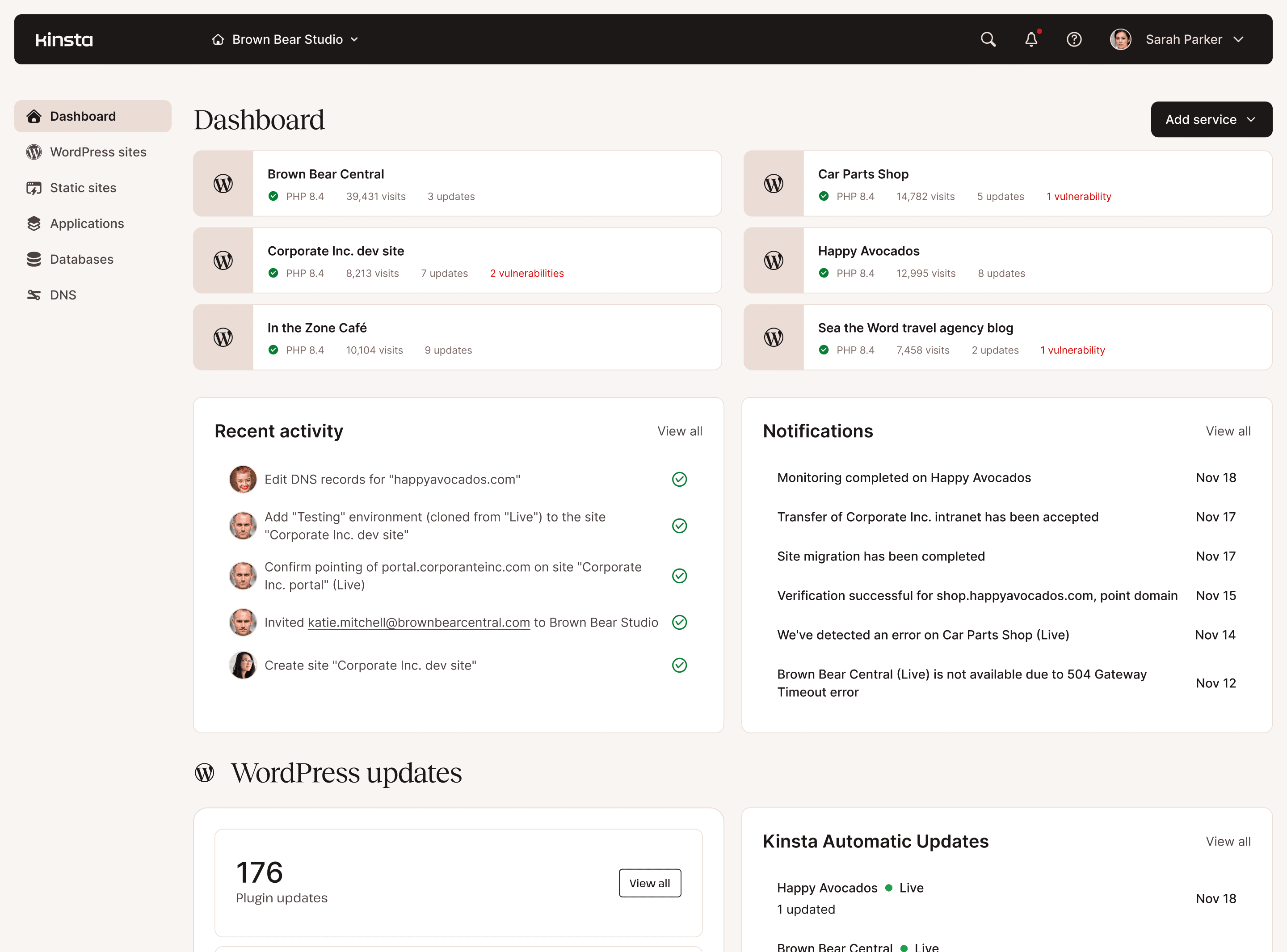 my kinsta dashboard