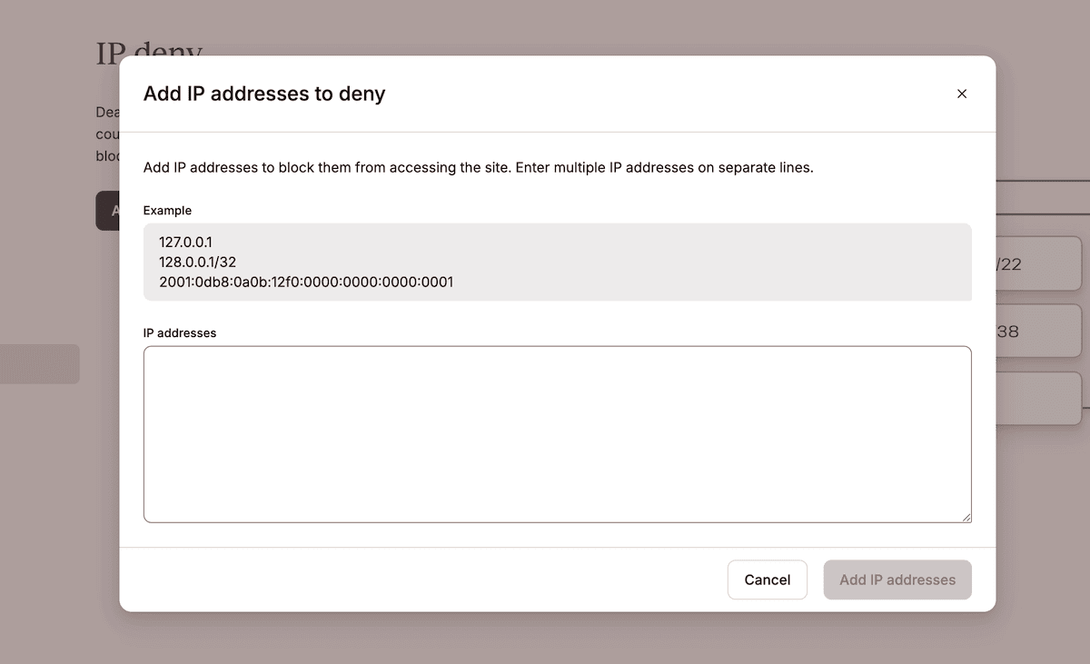 The Kinsta IP Deny tool showing a text field suitable for IP addresses running within the MyKinsta dashboard.
