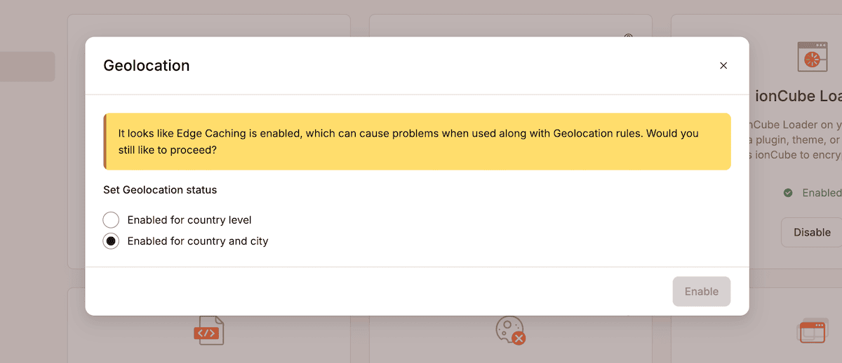 The MyKinsta dashboard showing the IP geolocation blocking setup interface with options to block specific countries and cities.